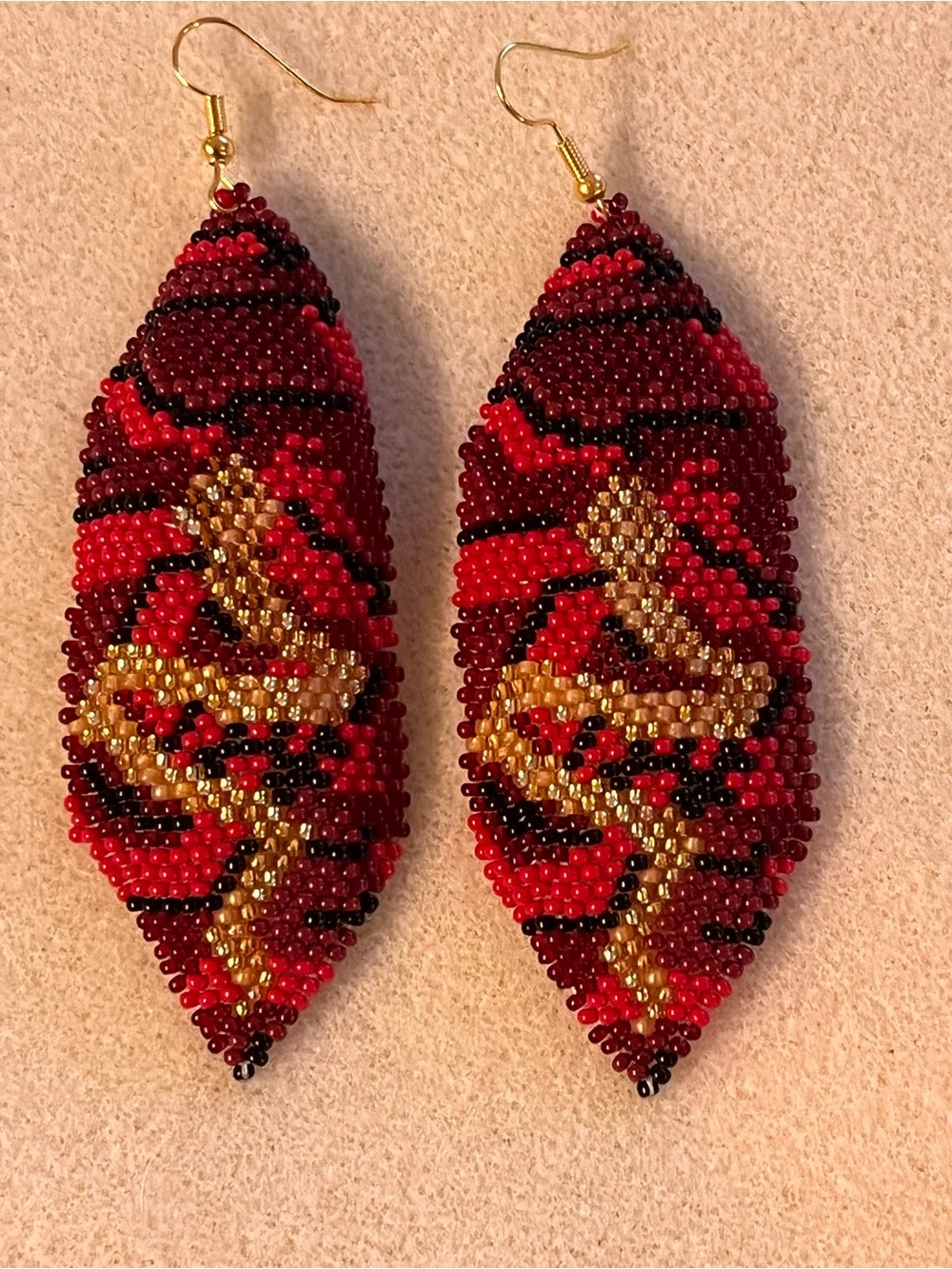 Handmade Red and Gold Beaded Leaf Earrings. The Temptress
